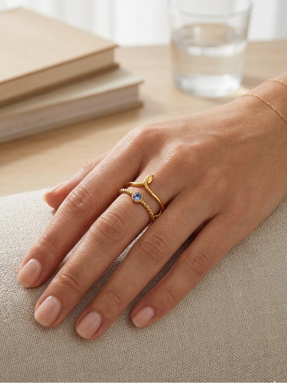 Gold Plated CZ Open Wrap Ring Adjustable Stainless Steel Blue Stone NWT